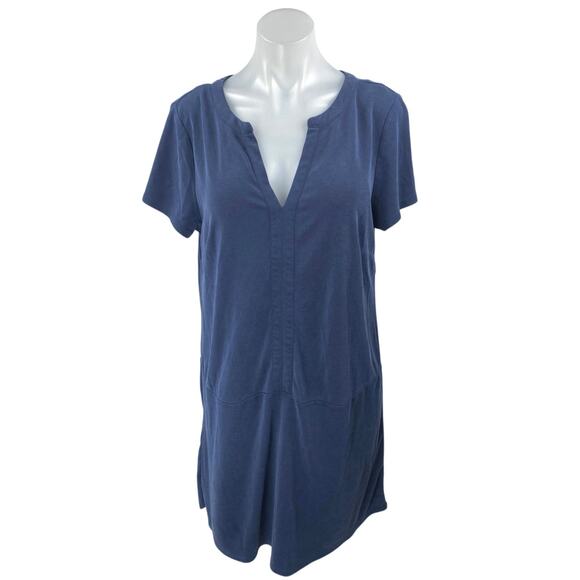 Tahari Navy Blue Short Sleeve Notch V Neck T Shirt Shift Mini Dress Size L - Picture 1 of 4